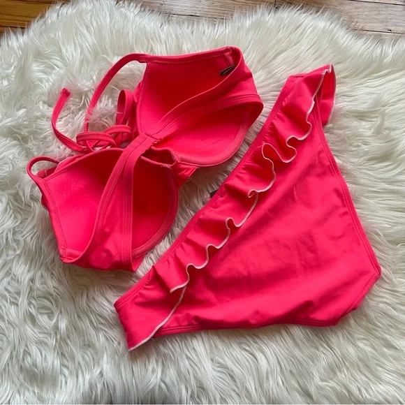 Aerie ruffle bikini set size 36D bra and L bottom tie hot pink with white trim - Picture 2 of 13
